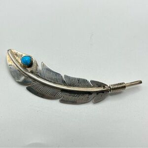 Silver Native American Billy Long Feather Brooch with Turquoise Accent